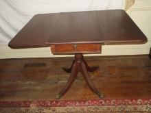 Mahogany Pedestal Duncan Phyfe Style Dropleaf Table w/ Drawer and Paw Cap Feet