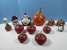 Collection Whimsical Hand Painted Gourds 5 Stem Tomatoes, Jovial Face 8", 2 Cut Trinket
