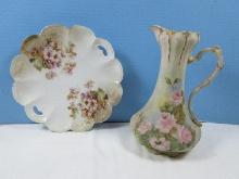 R.S. Prussia Germany Old Mark Scalloped Porcelain China Server Plate w/ Handles Wild Rose