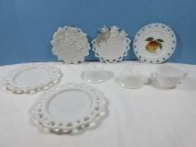 Lot Milk Glass Lace Edge 7 1/8" Hand Painted Peach Center Plate, 2 Ribbed Bead Trim