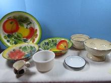 Lot Milk Glass Stand Mixer 6 1/2" Bowl, Vintage Enamelware Stencil Fruit/Flowers Pattern Bowls,
