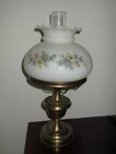 Electric Victorian Style Brass 18" Lamp w/Frosted Floral Swage Shade & Clear Chimney Replica