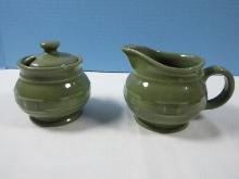 3 pc Longaberger Pottery Sage Woven Traditions 3 3/4" Creamer 8 Oz. and Sugar Bowl w/ Lid
