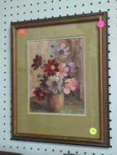FRAMED AND DOUBLE MATTED STILL LIFE PRINT, FLOWERS IN VASE, 12 1/2"X15 1/2"W