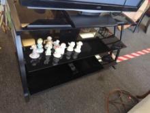 Black TV Stand with 3 Glass Shelves and Metal Sides, Approximate Dimensions - 21.5" H x 42" W x 20"
