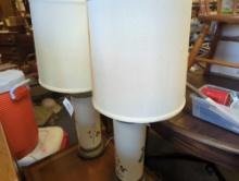 Lot of 2 Old Style Ceramic Lamps With Birds and Flowers Painted in Them, Both Lamps come with Cream
