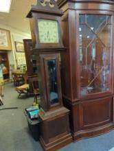 Dark Mahogany Wooden Grandfather Clock With a Metal Floral Painted Face Front, Is Missing Weights,