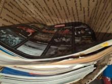 Box Lot of Assorted Items to Include, An Assortment of Sport Magazines, 2 Wall Hanging Clocks Non