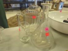 Lot of 3 Items Including Glass Wine Decanter, Glass Flower Etched Creamer, and Glass Beverage