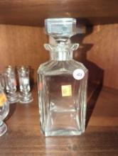 Partial Shelf Lot of Assorted Items Including Glass Whiskey Decanter, Berentzen Schnapps Shot Glass,