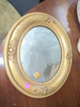Late 1800s Solid Wood Oval Mirror with Gesso Trim in Gold, Approximate Dimensions - 14" x 12", Has