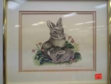 Framed Print of "Mama Rabbit and Baby Rabbit" by Charlotte Young, Approximate Dimensions - 12.5" x