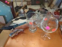 Lot of 5 Items Including Herter's 1893 Duck Decoy With Glass Eyes, 3 Glasses and 1 Decorative Fish,