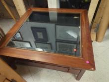 2 Drawer Display Coffee Table with Glass Top, Table Top has Some Damage, Approximate Dimensions -