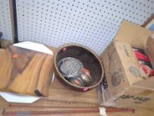 Lot of Assorted Items Including 1977 GE Home Sentry Smoke Alarms, Bamber Wood Serving Plate, Brown