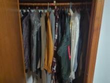 (BR1) LOT OF CLOTHING TO INCLUDE, SUIT JACKETS, LEATHER JACKET, FLIGHT COAT. PLAID COATS, ETC