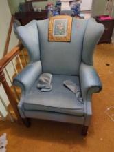 (UPH) VINTAGE TAYLOR KING BLUE UPHOLSTERED ARM CHAIR, WORN CONDITION 31"X 27"X 41"H