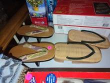 (UPH) SET OF 2 PAIRS OF ORIENTAL WOODEN SANDALS, 8 1/4"L AND 8 1/2"