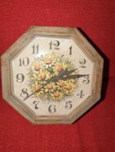 (SBD). 9.5 W x 9.5 H Octagon shape wall clock. Spartus- Gold Flowers- Battery Operated-