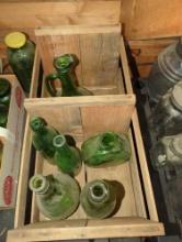 (GAR) LOT OF ASSORTED ITEMS TO INCLUDE, EARLY STYLE WOODEN CRATES , VINTAGE BOHO GREEN GLASS WINE