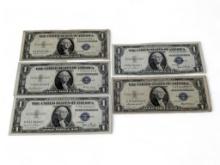 Lot of (5) 1935 $1 Blue seal silver certificate bank notes. Includes: (1) 1935F, (2) 1935D, (1)