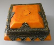 ANCIENT TIBETAN AMBER JEWELRY BOX WITH STERLING BOTTOM TESTED