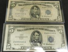2 Blue Seal 1953 $5 US Silver Certificates