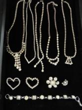 Tray Lot of Costume Jewelry - Clear Stones - 5 Necklaces - 1 Bracelet - 2 Heart Pins - Plus