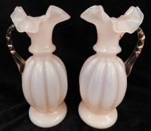 Vintage Pink Glass Pitchers - Pair - Each 9" x 4"