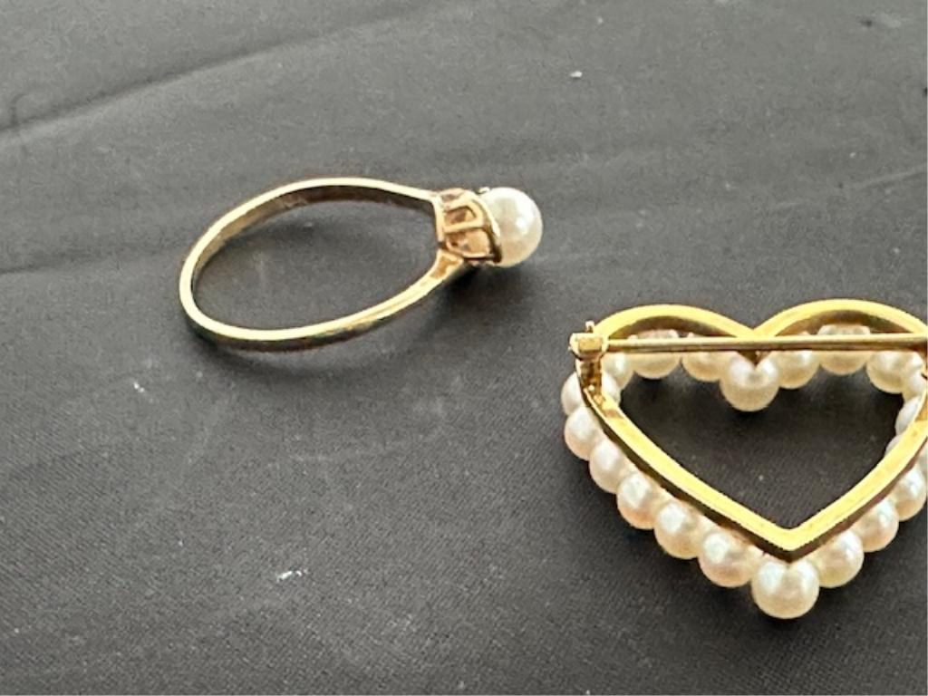 10K YELLOW GOLD & PEARL RING AND BROOCHE 4G