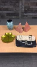 STONE WEDGE BOOKENDS, VASE, LEAF DISH & PURSE