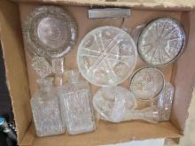 BOX OF MISCELLANEOUS: CLEAR GLASS DECANTERS