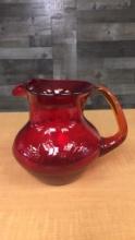 HAND BLOWN RUBY RED CRACKLE GLASS PITCHER