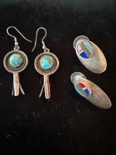 2 PAIR STERLING, TURQUOISE & INLAY STONE EAR. 20G