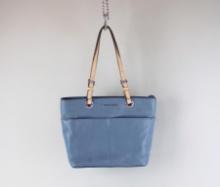 Michael Kors Blue Pebbled Leather Tote Bag w/ Beige Adjustable Strap Handles