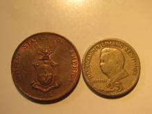 Foreign Coins: 1944 Philippines (WWII Under USA Protective) 1 Centavo & 1970 25 Sentimos