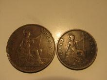 Foreign Coins: Great Britain 1927 Penny & 1925 1/2 Penny