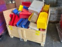 LARGE WOODEN CRATE FILLED WITH ASSORTED INDUSTRIAL STORAGE BINS