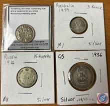 1930 Six Pence, 1959 Australia Three Pence, 1914 Russian 15 Ruble, and 1936 Shilling