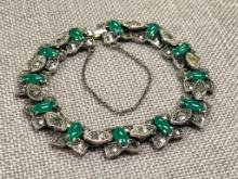 Antique Art Deco Green Jade Glass Cabochons Silver Tone Marcasite Stone Bracelet