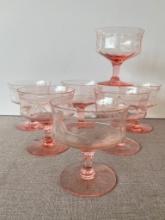 Set of 7 Vintage Pink Glass Etched Cocktail Glasses