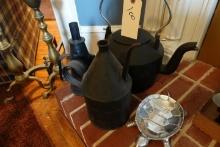 CAST IRON TEAPOT AND 2 EARLY FUEL JUGS