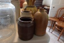 3 ANTIQUE SALT GLAZE CROCKS AND WHISKEY JUG THE CROCKS ARE APPROX 6 INCH AN