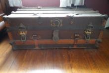 SHORT STEAMER TRUNK TOP MEASURES 32 X 19 STANDS 12 INCH TALL WITH CONTENTS