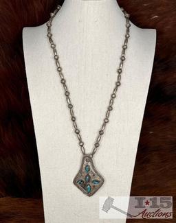 Native American Sterling Silver Turquoise Center Necklace, 50g