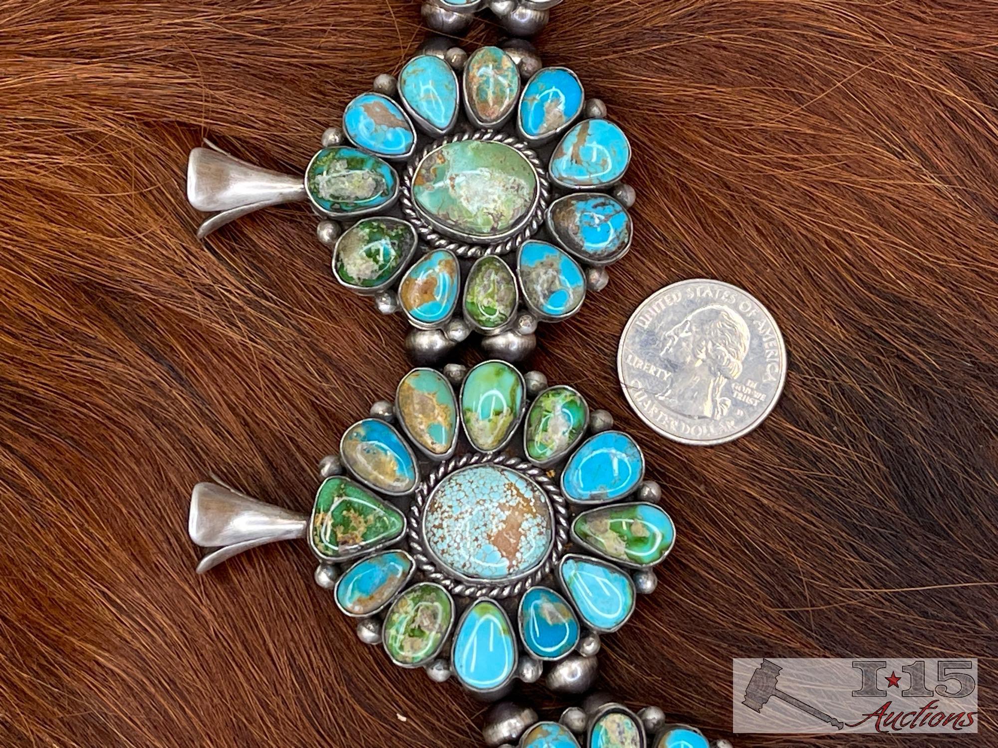 Museum Quality Native American Sterling Silver Turquoise Squash Blossom Set, 445g