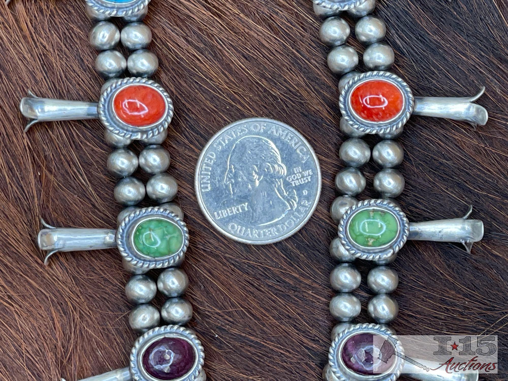 Native American Sterling Silver Multi-Stone Squash Blossom Set, 143g