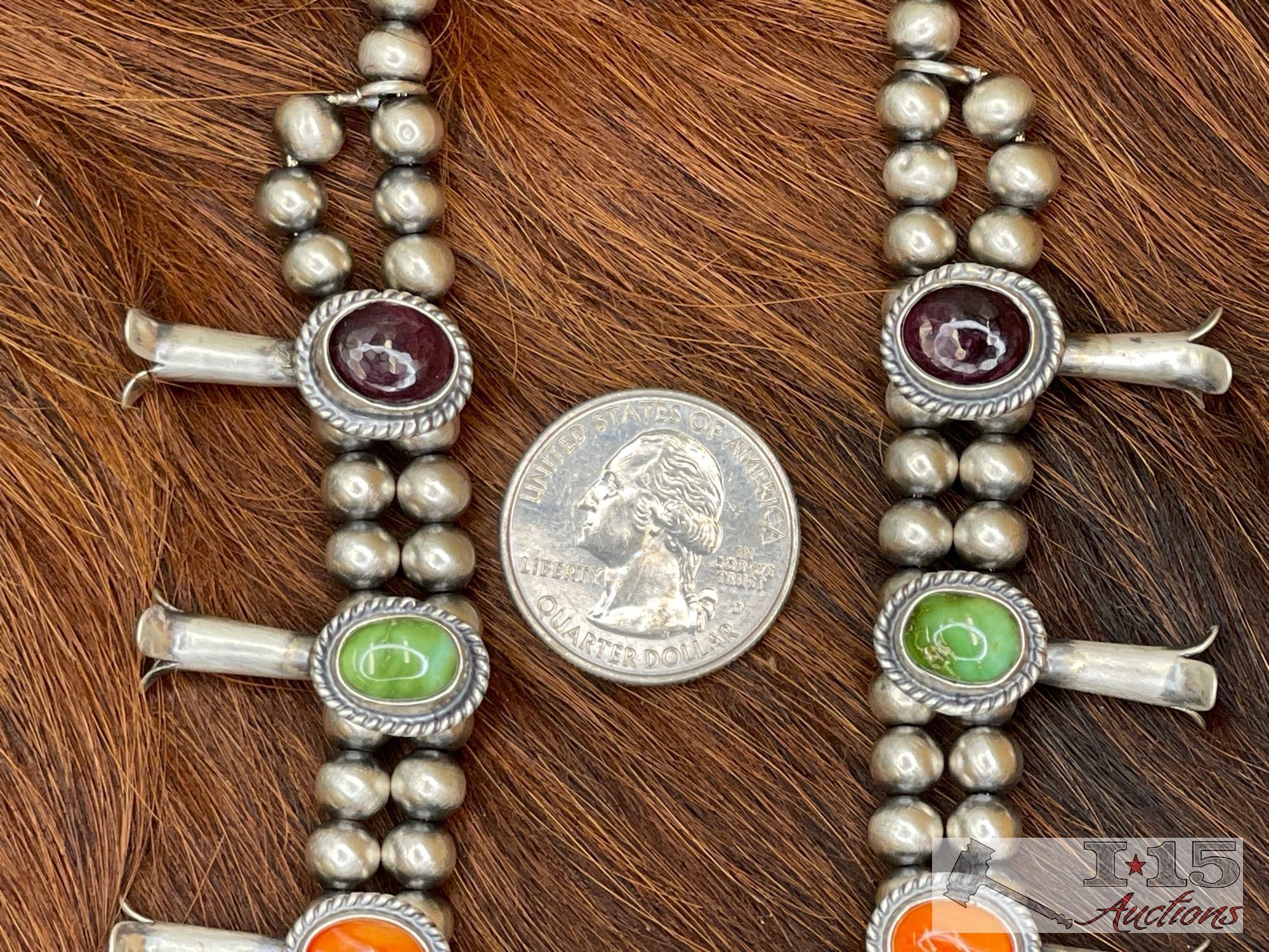 Native American Sterling Silver Multi-Stone Squash Blossom Set, 143g