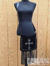Shyanne Black Leather and Cowhide Cross Body with Studded Cross & Black Leather Fringe