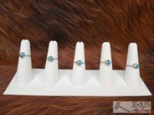 (5) Native American Sterling Silver Rings with Single Turquoise Stone, 6g
